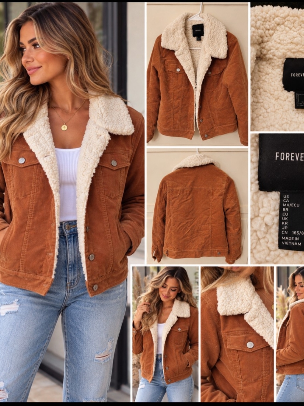 Forever 21 Rust Corduroy Sherpa Jacket with Cream Lining
